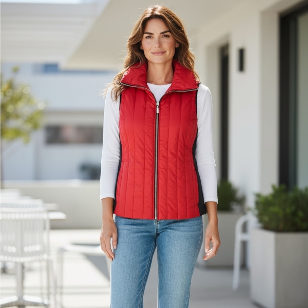 Chico’s Zenergy Quilted Red and Black Vest Perfect for Fall NWT Size 2